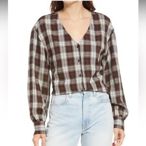 Treasure & Bond Plaid V-Neck Button-Up Shirt